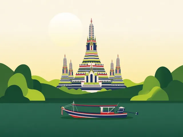 Ilustración: el templo Wat Arun junto al río Chao Phraya, Bangkok