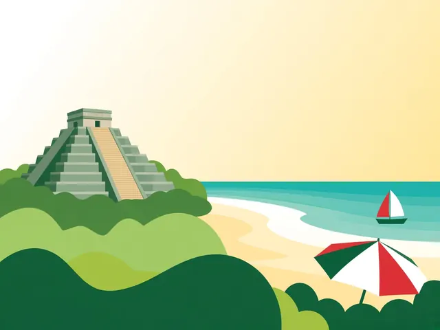 Ilustración: una pirámide maya y una playa del Caribe, Cancún