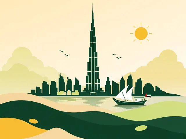 Ilustración: el Burj Khalifa y un dhow en la ría, Dubái